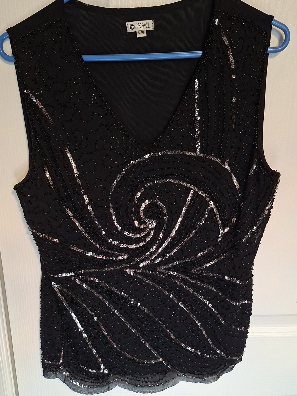 Chagall Black Sequin Swirl V-Neck Evening Top